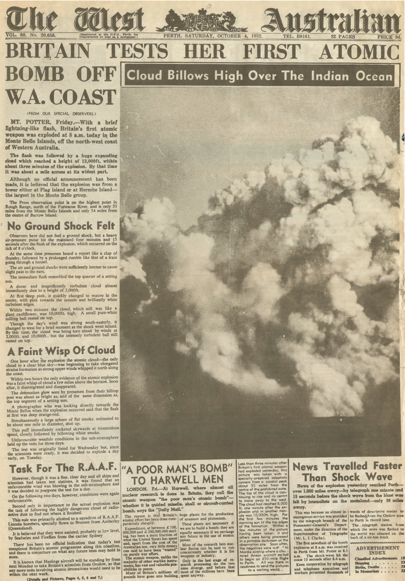 Imagen: Portada del medio australiano el día después de la detonación. Wikimedia Commons